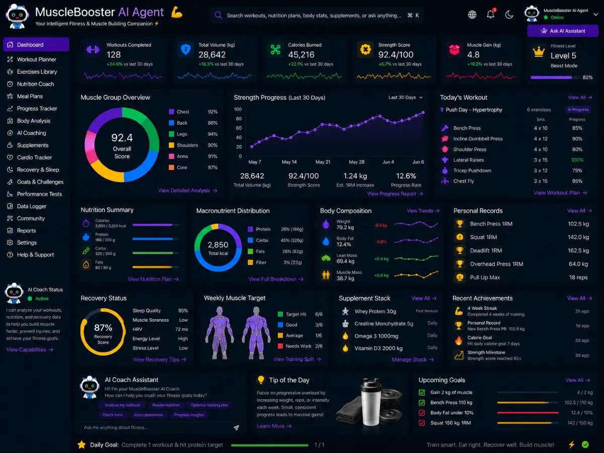 musclebooster.app AI muscle booster app — muscle-building dashboard preview